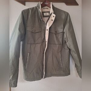 Marine Layer Jacket Dry Wax Sherpa Lined Green Coat Zip Snap Mens S